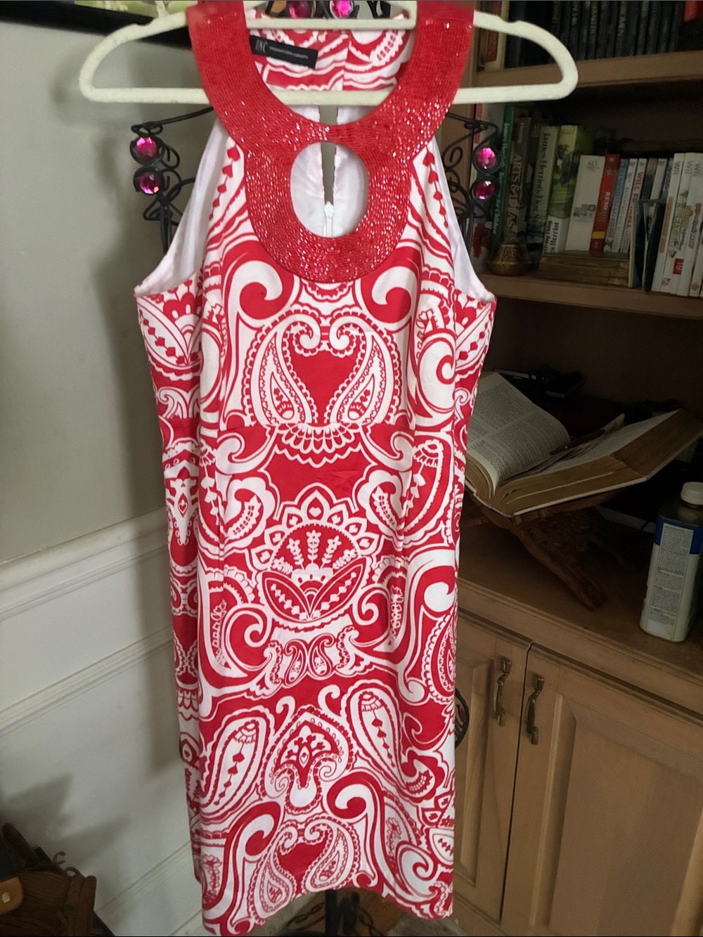 INC Red and White Printed Mini Dress with Embellished halter Neckline sz small S
